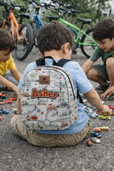 Big Adventure in Traffic Pattern Personalized Toddler Backpack – Small Size Kids Backpack for Ages 1–3, Daycare Bag