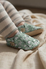 Kokopatik Non-Slip Sole, Indoor/Creche Booties, Unisex Baby Booties, Cotton Newborn Shoe, Green Dino Pattern
