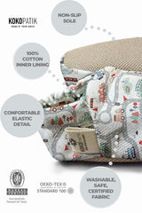 Kokopatik Organic Cotton Baby Booties, Non-Slip Sole, Newborn Shoe, Indoor/Creche Footwear, Big Traffic Adventure Pattern