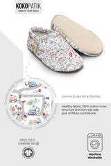 Kokopatik Organic Cotton Baby Booties, Non-Slip Sole, Newborn Shoe, Indoor/Creche Footwear, Big Traffic Adventure Pattern