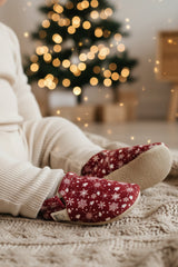 Kokopatik Organic Cotton Baby Booties – Non-Slip Sole, Newborn Booties, Home & Nursery Shoes, Burgundy Snow Pattern Booties