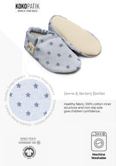 Kokopatik Organic Cotton Baby Booties – Non-Slip Sole, Newborn Booties, Home & Nursery Shoes, White Denim Pattern Booties