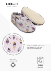 Kokopatik Organic Cotton Baby Booties, Non-Slip Sole, Newborn Shoe, Indoor/Creche Footwear, Ice Cream
