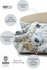 Kokopatik Non-Slip Sole, Organic Cotton Lined Indoor Booties, First Step Shoe, Blue Sea Adventure Pattern
