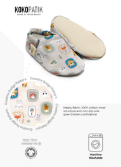Kokopatik Organic Cotton Baby Booties, Non-Slip Sole, Newborn Shoe, Indoor/Creche Footwear, Serengeti Pattern