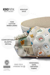 Kokopatik Organic Cotton Baby Booties, Non-Slip Sole, Newborn Shoe, Indoor/Creche Footwear, Serengeti Pattern