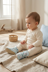 Blue Swan Pattern Slippers, Non-Slip Sole, Organic Cotton Lined, Unisex Baby Slippers