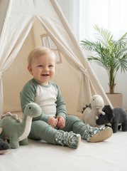 Green Dino Baby Booties – Non-Slip Organic Cotton Slippers for Toddlers