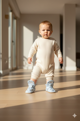 White Denim Pattern, Non-Slip Sole, Organic Cotton Lined, Unisex Baby Slippers