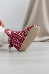 Burgundy Snow Pattern Slippers, Non-Slip Sole, Organic Cotton Lined, Unisex Baby Slippers
