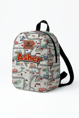 Big Adventure in Traffic Pattern Personalized Toddler Backpack – Small Size Kids Backpack for Ages 1–3, Daycare Bag