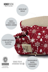 Kokopatik Organic Cotton Baby Booties – Non-Slip Sole, Newborn Booties, Home & Nursery Shoes, Burgundy Snow Pattern Booties