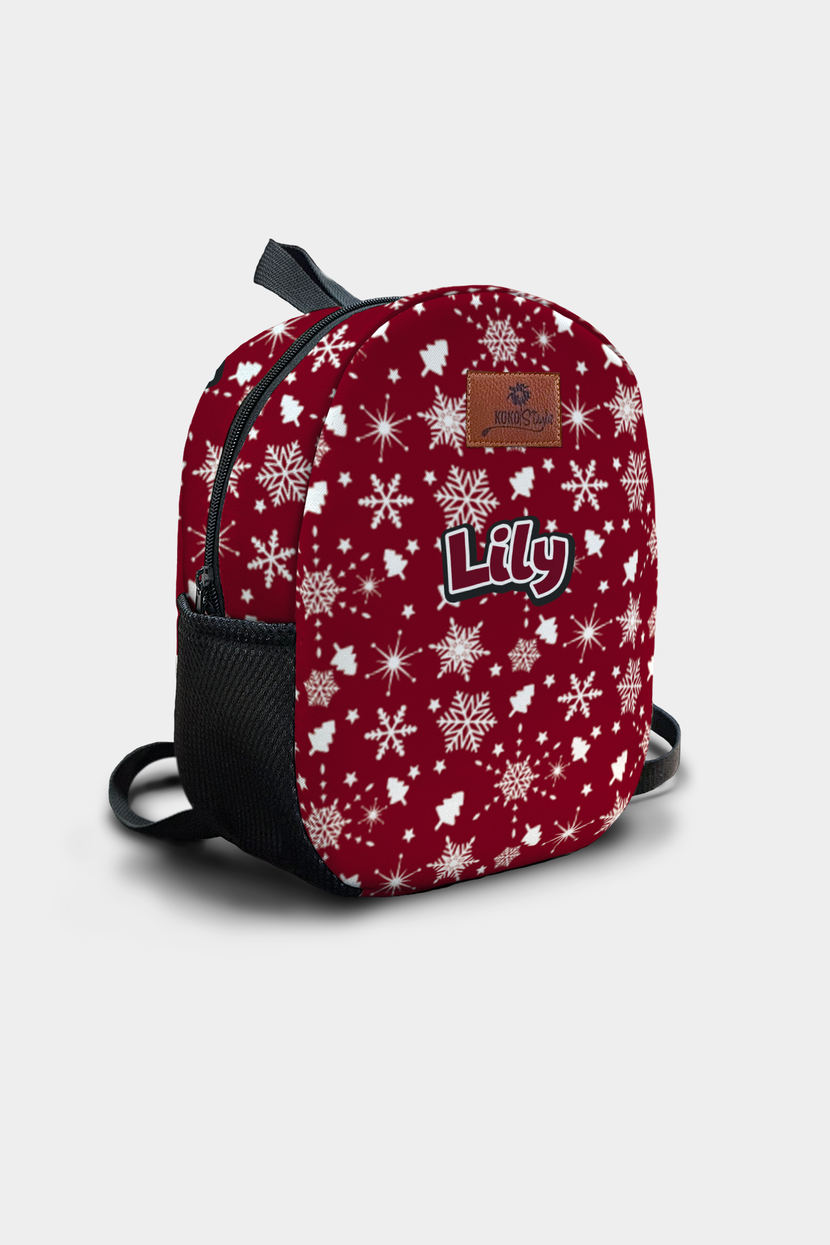Burgundy Snow Pattern Personalized Backpack – Medium Size Kids Backpack for Ages 3–6, Daycare Bag