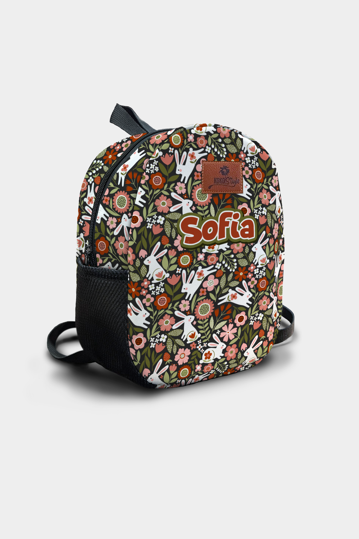 Floral Bunny Pattern Personalized Backpack – Medium Size Kids Backpack for Ages 3–6, Daycare Bag