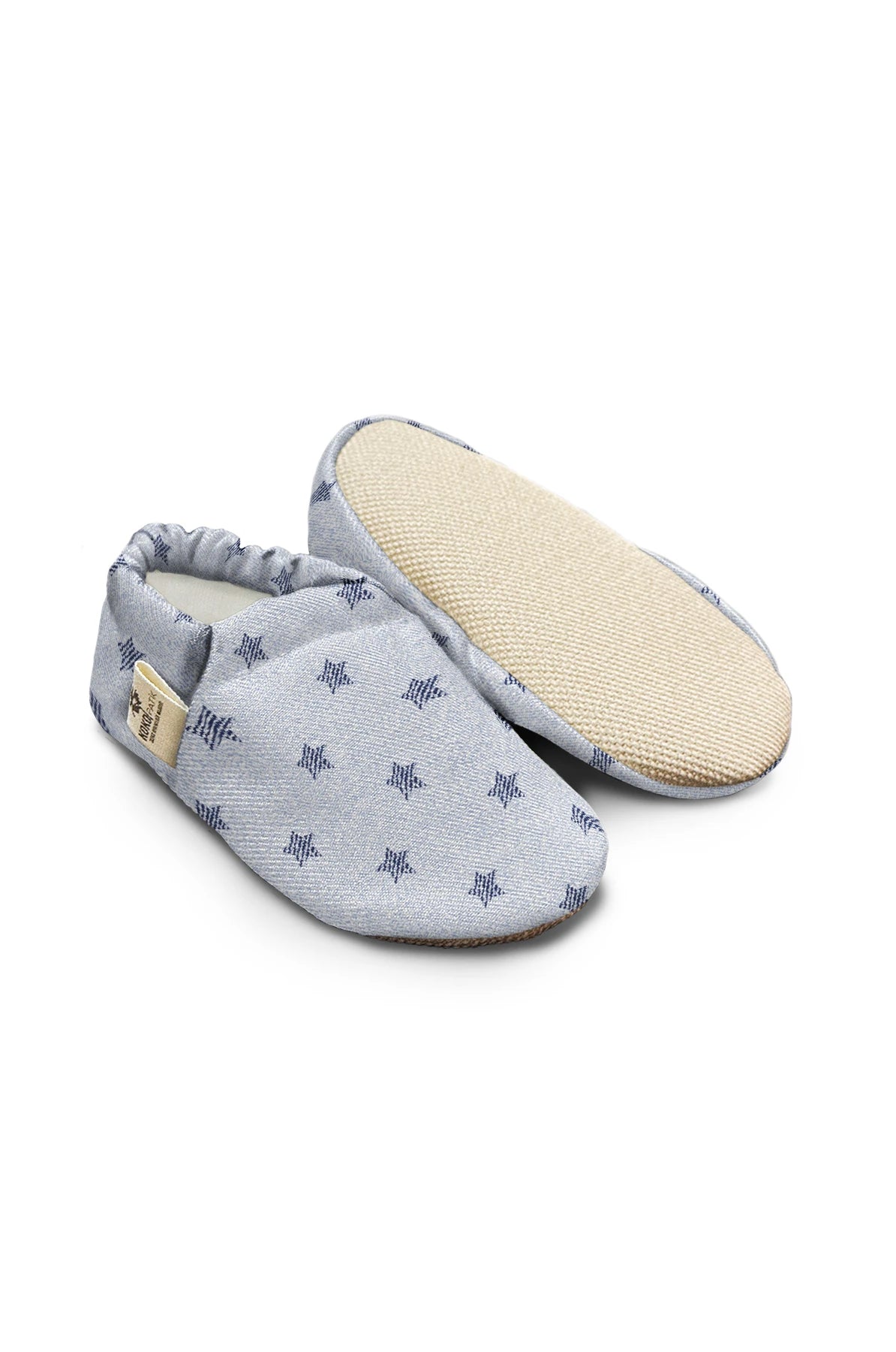 Kokopatik Organic Cotton Baby Booties – Non-Slip Sole, Newborn Booties, Home & Nursery Shoes, White Denim Pattern Booties