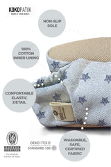 Kokopatik Organic Cotton Baby Booties – Non-Slip Sole, Newborn Booties, Home & Nursery Shoes, White Denim Pattern Booties
