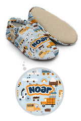 Make It Yours – Personalized Construction Machinery Booties for Babies | Non-Slip, Organic Cotton, First Step Shoes