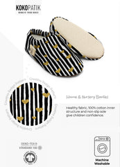 Kokopatik Organic Cotton Baby Booties – Non-Slip Sole, Newborn Booties, Home & Nursery Shoes, Gold Heart Pattern Booties