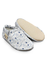 Kokopatik Non-Slip Sole, Organic Cotton Lined Indoor Booties, First Step Shoe, Blue Sea Adventure Pattern
