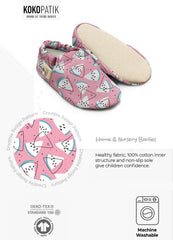 Kokopatik Organic Cotton Baby Booties – Non-Slip Sole, Newborn Booties, Home & Nursery Shoes, Pink Watermelon Pattern Booties