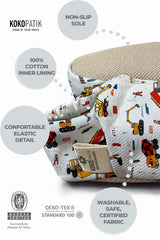 Kokopatik, Non-Slip Sole, Organic Cotton Lined Home Slippers, First Step Shoes, Construction Site Patterned Slippers