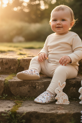 Kokopatik Organic Cotton Baby Booties – Non-Slip Sole, Newborn Booties, Home & Nursery Shoes, Salmon Bunny Pattern Booties