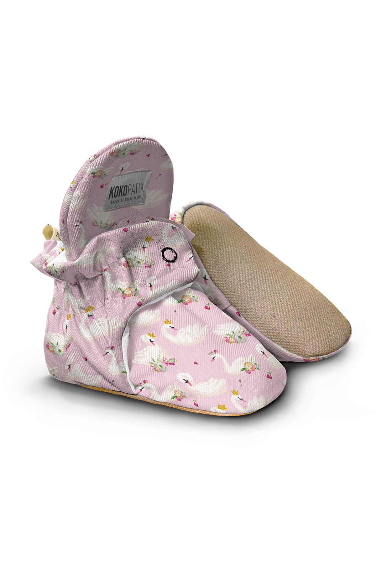 Crowned Swan Pattern Slippers, Non-Slip Sole, Organic Cotton Lined, Unisex Baby Slippers