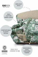 Kokopatik Non-Slip Sole, Indoor/Creche Booties, Unisex Baby Booties, Cotton Newborn Shoe, Green Dino Pattern